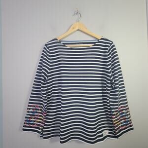 Talbots XL Petite Long Embroidered Sleeve Striped Top Shirt